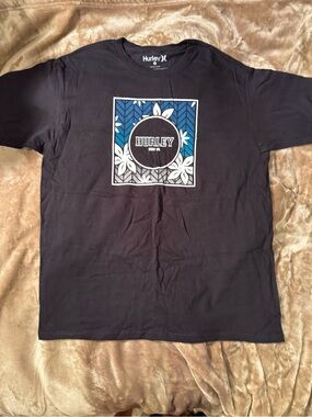Hurley Black Tee with Blue & White Floral Square Graphic